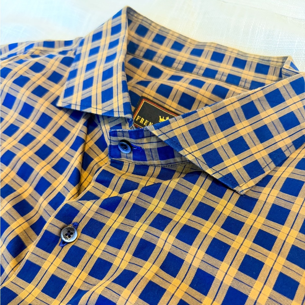 French Crown Men’s Dress Shirt Blue Yellow Plaid 50 Long Sleeve Button Down